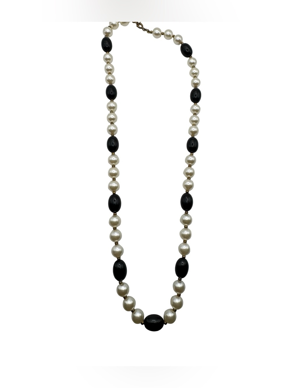 Vintage Faux Pearl Black Bead Long Strand Necklace Gold‎ Spacers